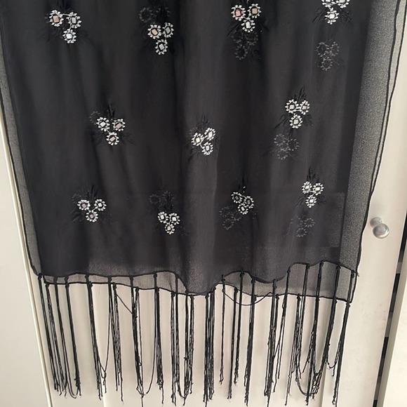 Sheer Black EUC Chiffon Scarf Wrap with Silver Square Beads. - Picture 2 of 2